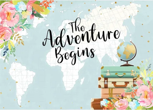 Miniatura 6 de 5x3ft Fabric Spring Floral The Adventure Begins Backdrop World Map Flower Baby Adventure Party Banner Washable Background SK0334A