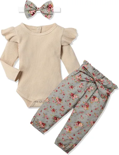 KANGKANG Ropa de bebé recién nacida, mameluco acanalado con mangas con volantes + pantalones florales + diadema lindo traje de bebé niña 3 piezas