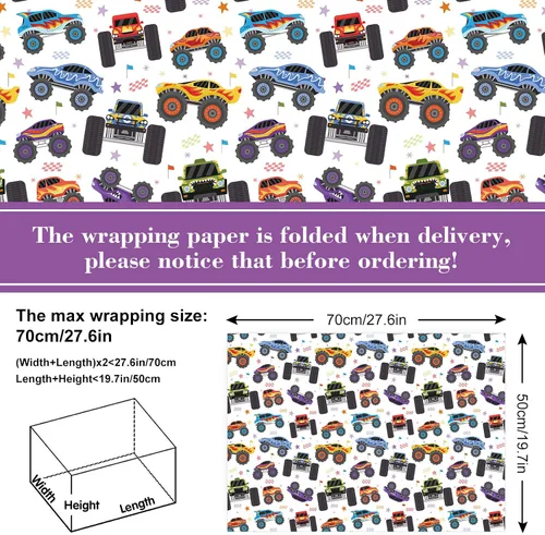Miniatura 2 de 12 hojas de papel de regalo para camión, no enrollable, papel de regalo de caricaturas de carreras de autos de carreras, plegado a granel, plano