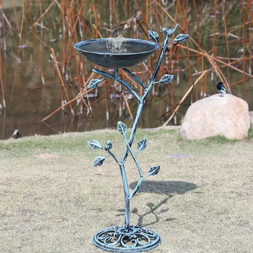 Miniatura 7 de HOUYANG Baño para pájaros con pedestal de hierro fundido de 11.4" de ancho x 31" de alto, baños para pájaros para exteriores, baño para pájaros
