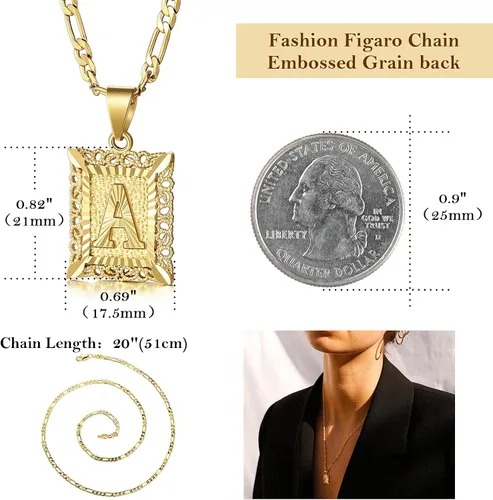 Miniatura 5 de KissYan Collar Figaro con dije y letra inicial para hombres y mujeres collar chapado en oro de 18 quilates con dije de monograma cuadrado letras