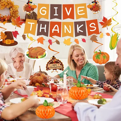 Miniatura 2 de 24 decoraciones de Acción de Gracias, decoraciones de fiesta de Acción de Gracias, incluye pancarta de dar gracias, guirnalda colgante de otoño