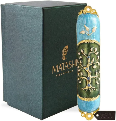 Miniatura 2 de Mezuzah esmaltada pintada a mano adornada con un árbol de la vida diseño con detalles dorados y cristales por Matashi, (MTMZ221)