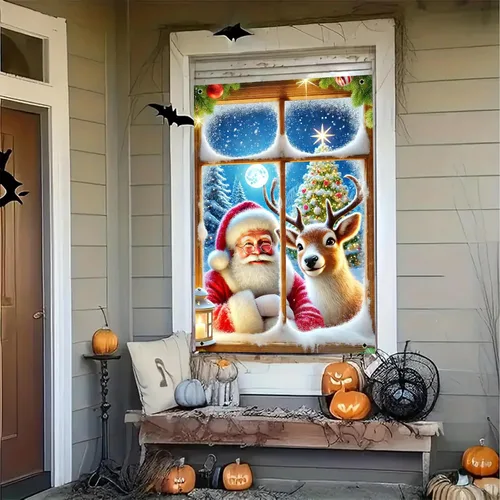 Miniatura 7 de BlissYard Cubierta de ventana de Navidad de 31 x 47 pulgadas, Papá Noel y reno, escena de nieve de invierno, decoración de vacaciones, fondo festivo