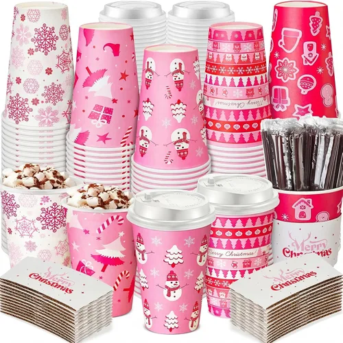 Miniatura 7 de Ziliny 100 juegos de tazas de papel de Navidad con manga y tapa con pajita, tazas de chocolate caliente y cacao para fiestas de Navidad, suministros