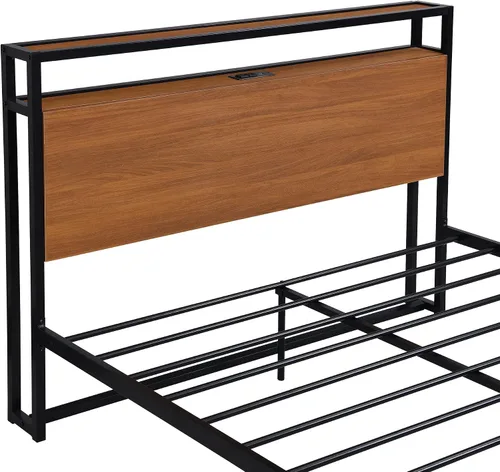 Miniatura 8 de VilroCaz Cama de plataforma de tamaño matrimonial con enchufes y puertos USB, marco de cama de plataforma de metal moderno con cajones, soporte