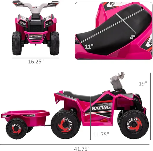 Miniatura 7 de Aosom Cuatrimoto ATV para Niños con Remolque Trasero, Coche Eléctrico de 6V con Función de Avance y Retroceso, Ruedas Resistentes al Desgaste, Rosa