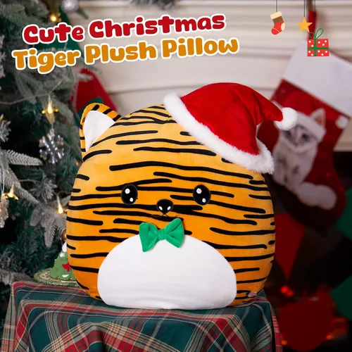 Miniatura 6 de Almohada de felpa de tigre de Navidad iluminada de 12 pulgadas, con animales de peluche de tigres musicales con luz LED nocturna, decoración