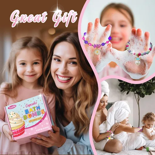 Miniatura 7 de Bombas de baño para niños con joyas sorpresa en el interior, juego de regalo de 8 bombas de baño de cupcakes para niñas, bolas efervescentes hechas