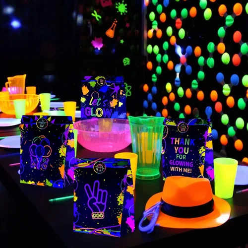 Miniatura 6 de XJLANTTE Bolsas de regalo de fiesta de neón brillante, 20 bolsas de regalo de neón con calcomanías, bolsa de papel de color fluorescente