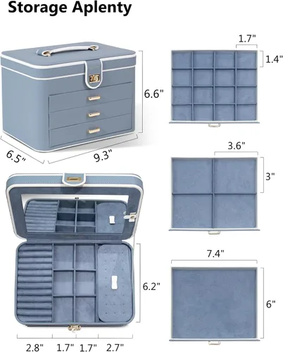 Miniatura 5 de KAMIER Joyeros para mujer, organizador de joyas de 4 capas con espejo, 3 cajones, caja de joyería grande para pulseras, aretes, anillos, collares