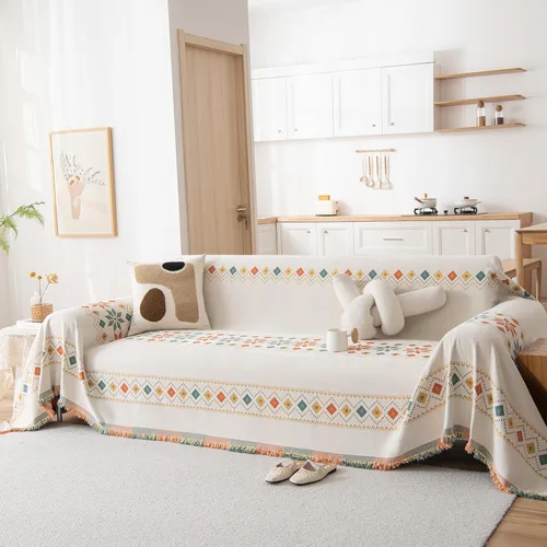 DREAMINGO Funda de Sofá de Chenilla Beige Bohemia Geométrica Jacquard para Sofá de 3 Cojines Antideslizante Seccional Forma de L para Perros