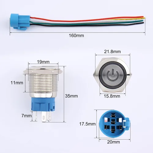 Miniatura 2 de 2 piezas de interruptor de botón de metal de cierre de 16 mm, 12V-24V, encendido/apagado, 1NO 1NC, impermeable, autoblocante, carcasa plateada