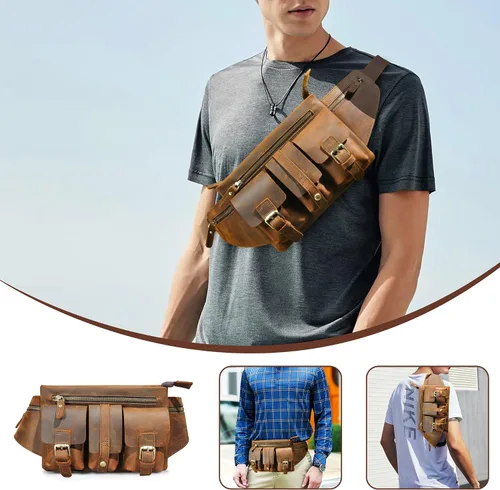 Miniatura 3 de Grueso caballo loco cuero senderismo equitación viaje al aire libre cinturón riñonera riñonera pequeña bolsa de teléfono para hombres mujeres 380