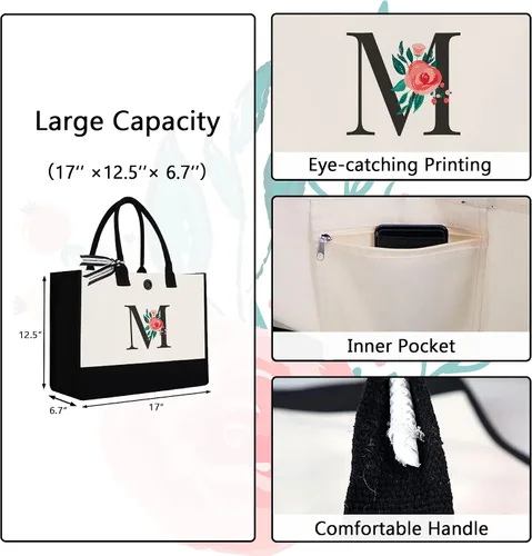 Miniatura 181 de Bolsa de lona con inicial, regalos de cumpleaños personalizados para mujeres, madres, amigas y profesoras, bolsas de mano con monograma adecuadas