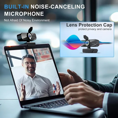 Miniatura 3 de Webcam Full HD 1080P con micrófono incorporado y trípode giratorio, placa de fibra de carbono y cubierta de privacidad, corrección de luz