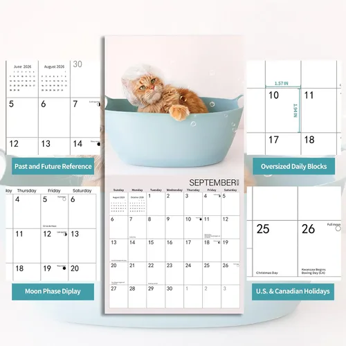 Miniatura 4 de Calendario de pared 2026, calendario de gatos 2026, calendario mensual de pared de baño de gatos, 12 x 24 pulgadas abierto, planificador familiar