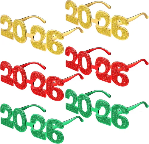 Miniatura 10 de Kanayu 6 pares de anteojos de Nochevieja con purpurina 2026, número 2026, lentes de sol para suministros de fiesta (colores coloridos)