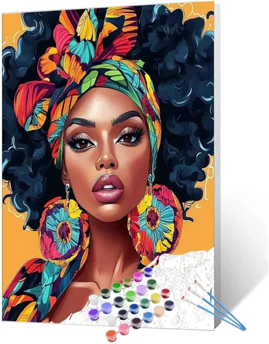 Miniatura 33 de Pintura de niña afro a la moda, kits de pintura por números, 16 x 20 pulgadas, lienzo de hojas tropicales, pintura al óleo para niños y adultos