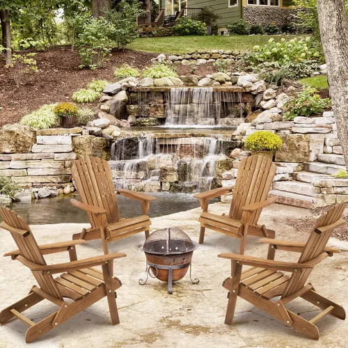 Miniatura 8 de Juego de 2 sillas Adirondack plegables para exteriores, sillas de patio de madera maciza con respaldo premontado, sillas de salón resistentes a