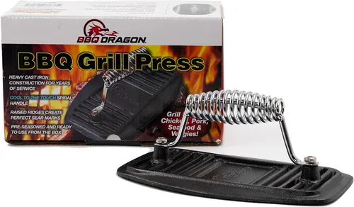 Miniatura 2 de BBQ Dragon Prensa para parrilla de hierro fundido – Prensa de hamburguesas, tocino y panini resistente de 2.9 libras – Pre sazonada para asar