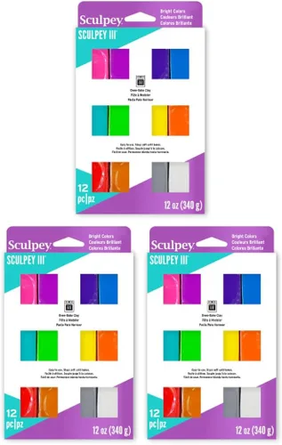 Sculpey Polymer Clay Sculpey III Oven-Bake 12-Count Brights Assortment, 12 Assorted Bright Colors in 1 oz. Bars, Perfect for Jewelry and Crafting,