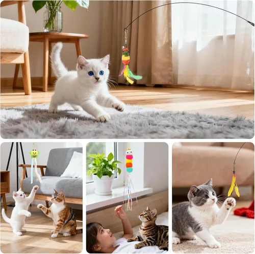 Miniatura 3 de Atosun Juguetes interactivos para gatos, 15 juguetes de varita y plumas para gatos de interior, juguetes reutilizables con ventosa para gatitos