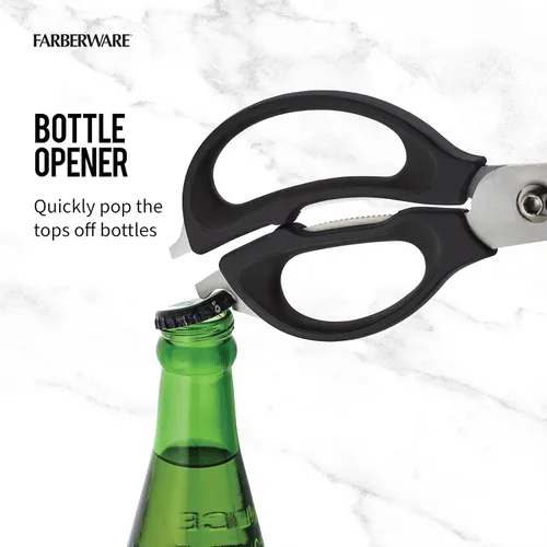 Miniatura 4 de Farberware Tijeras de cocina 4 en 1 con mango negro, tijeras de acero inoxidable de alto carbono con abridor de botellas, abridor de tarros