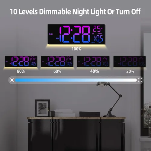 Miniatura 5 de HAITANG Reloj de pared digital de 8 colores, reloj digital grande de 16.2 pulgadas con temperatura, fecha, DST automático, luz nocturna, atenuador