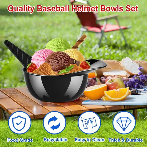 Miniatura 4 de MEEZY Juego de 16 cuencos de helado con diseño de casco de béisbol con 8 mini tazas de postre y 8 cucharas, 8 onzas. Cuencos reutilizables