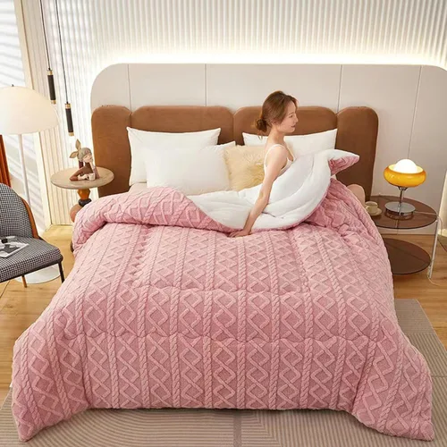 Edredón de felpa de cordero grueso de doble capa, edredón cálido para invierno, edredón jacquard a cuadros de hibisco, manta de cama gruesa (G,86 x