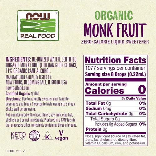 Miniatura 2 de NOW Foods, Líquido de fruta de monje orgánico certificado, edulcorante líquido sin calorías, sin OMG, bajo impacto glucémico, 8 onzas