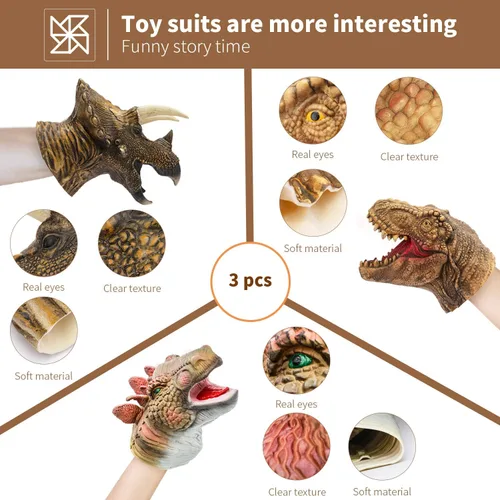 Miniatura 5 de Yolococa Marionetas de mano de dinosaurio, juego de marionetas de animales de látex de 3 piezas con T Rex, triceratops y estegosaurio para contar