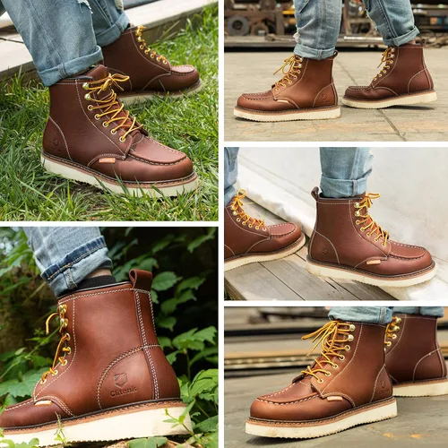 Miniatura 6 de Men's 6" Soft Toe Work Boots Full Grain Leather Moc Toe Waterproof Wedge Sole Comfortable Construction Boots