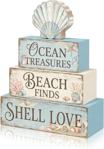 Miniatura 30 de 4 piezas de decoración de mesa de ancla costera para el hogar, decoración náutica de bandeja escalonada de playa, letreros de madera para la vida
