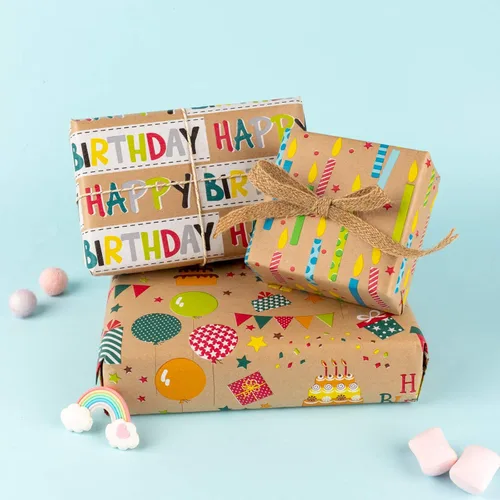 Miniatura 2 de RUSPEPA Papel de Regalo Kraft - Diseño Colorido de Envoltura de Cumpleaños - 4 Rollos - 30 pulgadas x 10 pies por rollo Cumpleaños coloridos