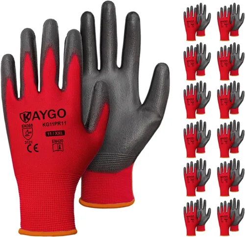 Miniatura 9 de KAYGO KG11PB - Guantes de seguridad con revestimiento delgado de poliuretano, tejido sin costuras, agarre suave en palma y dedos, para trabajo Verde