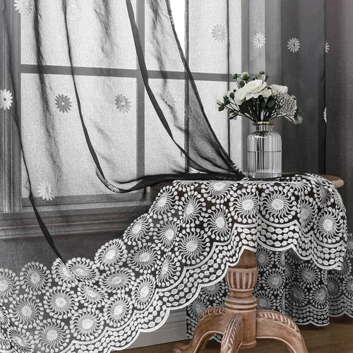 Miniatura 4 de WUBODTI Black Ombre Sheer Curtains 84 Inch Length 2 Panels - Gradient Grey White to Black Semi Sheer Curtains with Embroidery, Light Filtering