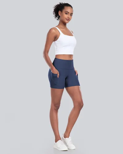 Miniatura 4 de CHRLEISURE - Pantalones cortos de ciclismo para mujer con bolsillos de licra, cintura alta, con control de abdomen para entrenamiento, yoga