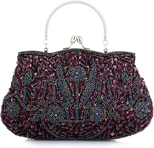 Miniatura 15 de Bolso de noche de diseñador floral con cuentas de lentejuelas diseño vintage besos cerradura satén embrague bolso bolso de mano de boda fiesta