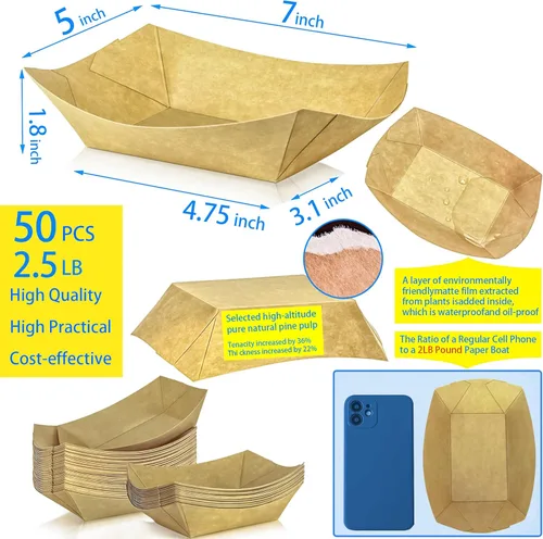 Miniatura 2 de Paquete de 50 bandejas de papel kraft de 2.5 libras, desechables, botes de comida de alta resistencia, bandeja para aperitivos, perritos calientes