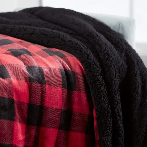 Miniatura 4 de Manta Sherpa súper suave, reversible, ultra lujosa, manta de felpa de 60 x 70 pulgadas, diseño de cuadros búfalos, rojo/negro Gris / Blanco