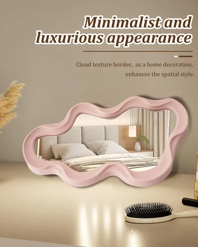 Miniatura 6 de Espejo de pared decorativo pequeño y funky – Diseño ondulado asimétrico rosa, espejo colgante para dormitorio, baño, entrada, forma moderna