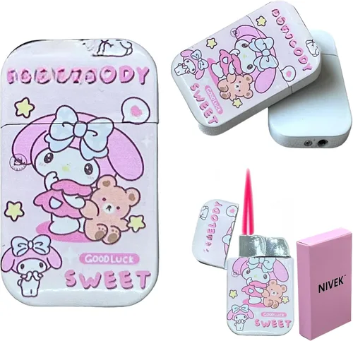 Miniatura 9 de NIVEK Kulomi Encendedor Kitty KT con llama rosa de bolsillo, recargable, Kawaii lindo, resistente al viento (Gato, Conejo, Melodía, Duffy)