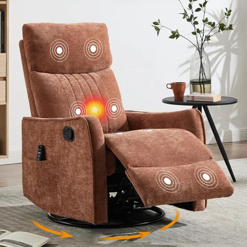 Miniatura 8 de Silla Reclinable Giratoria Manual con Balancín para Adultos, Sillón Reclinable Acolchado con Masaje y Calor, Silla Reclinable para Sala de Estar