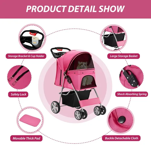 Miniatura 5 de Unisakey Cochecito para mascotas de 4 ruedas para perros pequeños y medianos y gatos, 10 a 33 libras, cochecito plegable para perros y gatos con Rosa