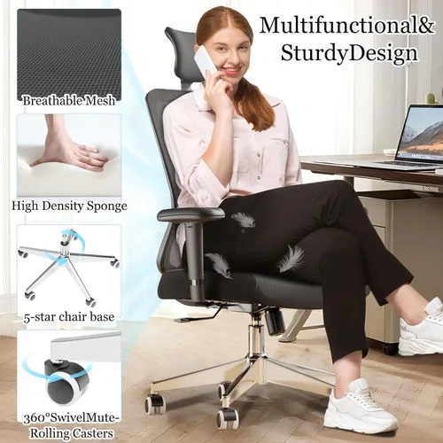 Miniatura 6 de Silla de oficina de malla, ergonómica con soporte lumbar, color negro, estilo moderno, respaldo de malla, bloqueo de inclinación de 90-135
