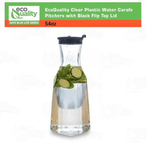 Miniatura 3 de EcoQuality Jarra de agua de plástico transparente de 54 onzas con tapa superior abatible negra, botella de base cuadrada con boquilla para barra