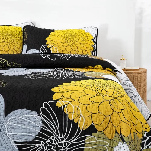 Miniatura 4 de Edredones Florales Amarillos Tamaño California King Juego de Colcha - 3 Piezas Colcha Ligera Negra Cal King con 2 Fundas de Almohada - Juego