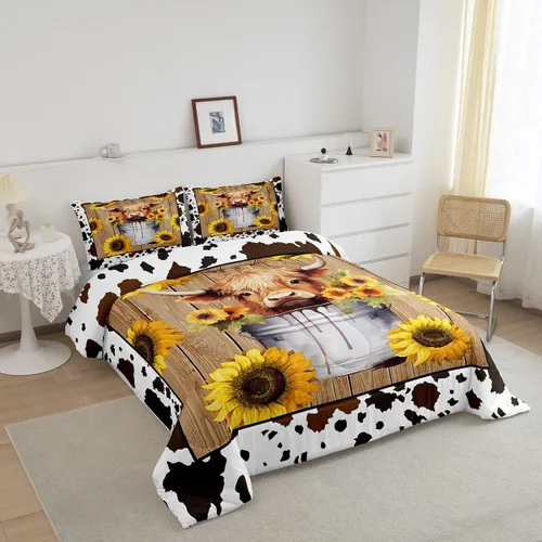 Miniatura 2 de Manfei Juego de edredón de ganado Highland tamaño Queen, edredón de plumón de girasol amarillo con 2 fundas de almohada, juego de ropa de cama